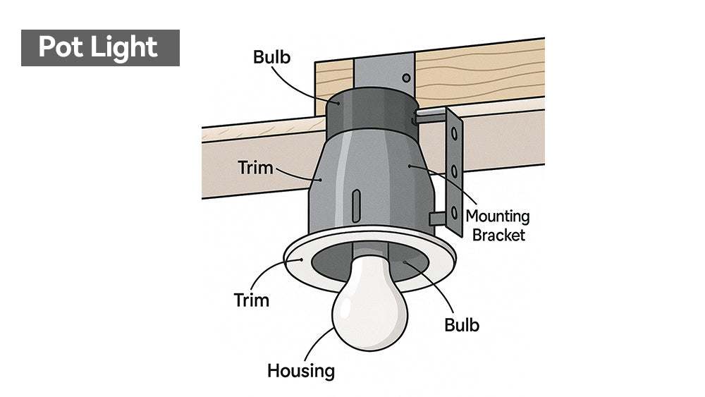 A diagram showing the construction of a Pot Light , including its main components such as the bulb, the housing , the fixing bracket, etc., and showing how it would look mounted in a ceiling.