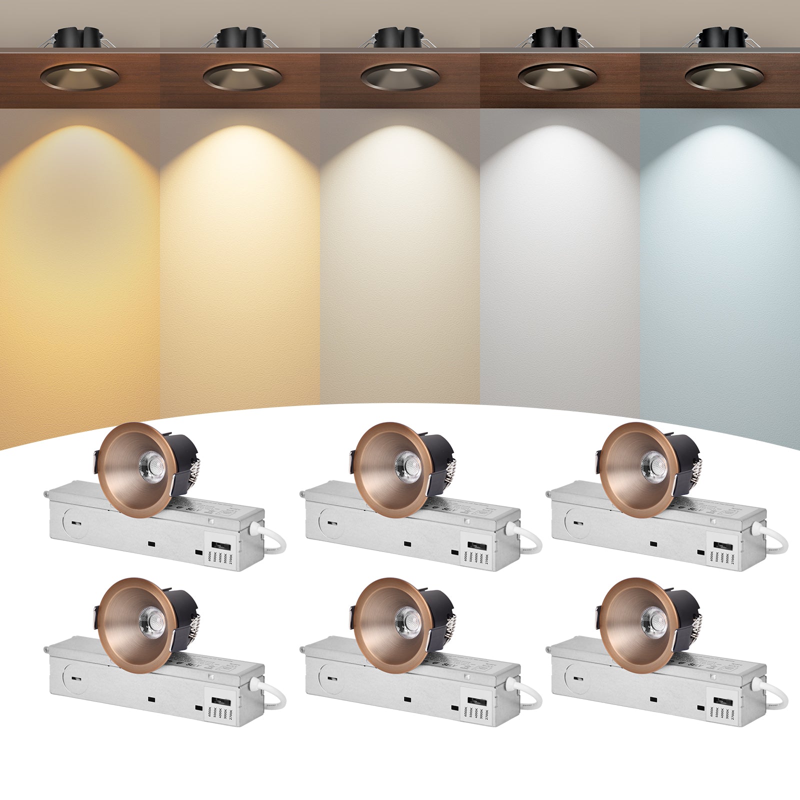 ComiLED 6/12pack Bronze 2 Inch Recessed Lights, Anti-Glare COB Canless Ceiling Spotlight, 5CCT Selectable 2700K-6000K, 130lm/W, RA95 Small Exterior Soffit Lights, 8W, Dimmable, ETL, IP44 Damp Rated