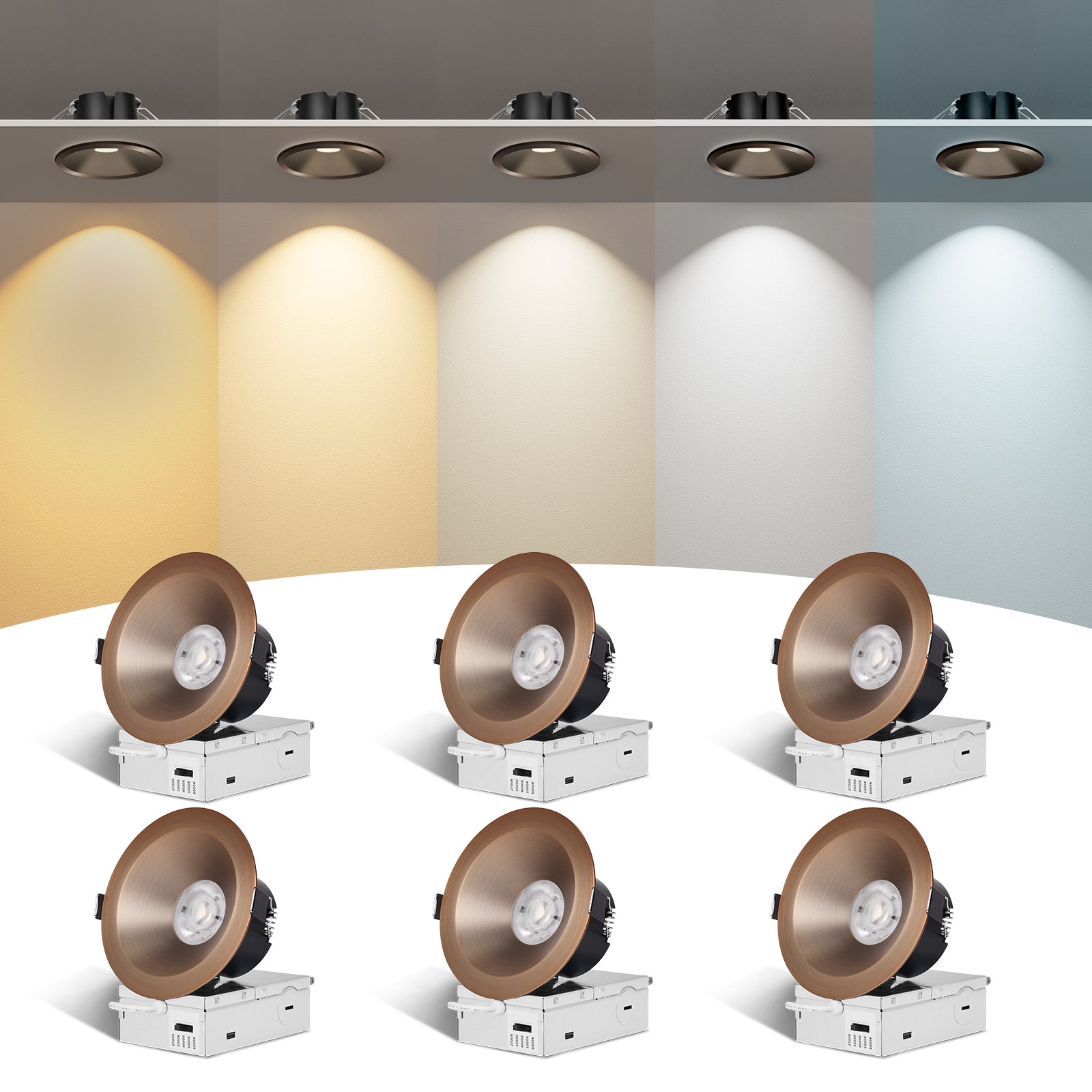 ComiLED 6/12pack Bronze 4 Inch Recessed Lights, Anti-Glare COB Canless Ceiling Spotlight, 5CCT Selectable 2700K-6000K, 130lm/W, RA95 Small Exterior Soffit Lights, 16W, Dimmable, ETL, IP44 Damp Rated