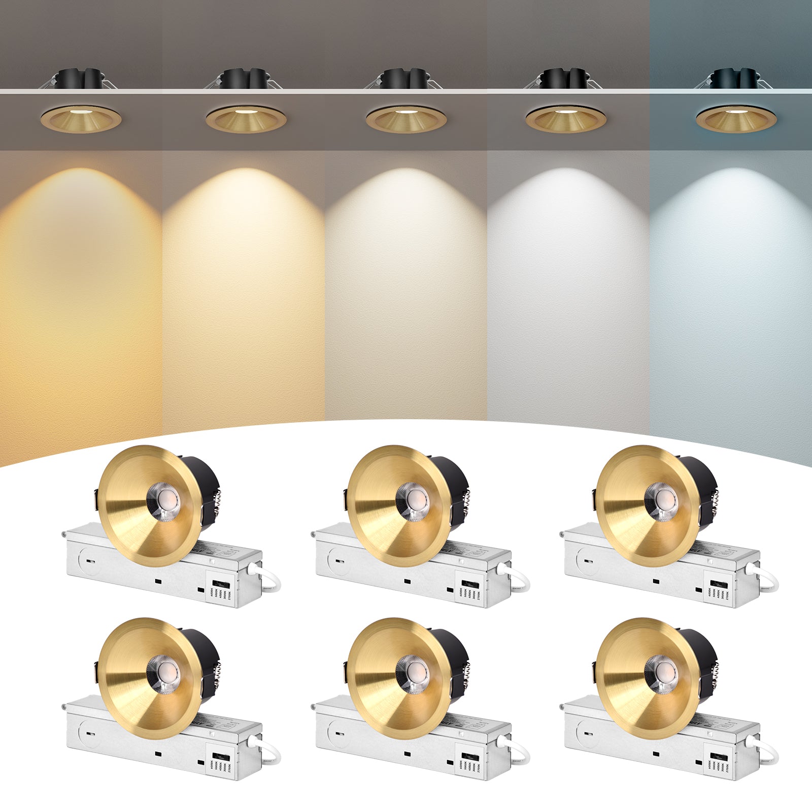 ComiLED 6/12pack Gold 3 Inch Recessed Lights, Anti-Glare COB Canless Ceiling Spotlight, 5CCT Selectable 2700K-6000K, 130lm/W, RA95 Small Exterior Soffit Lights, 12W, Dimmable, ETL, IP44 Damp Rated
