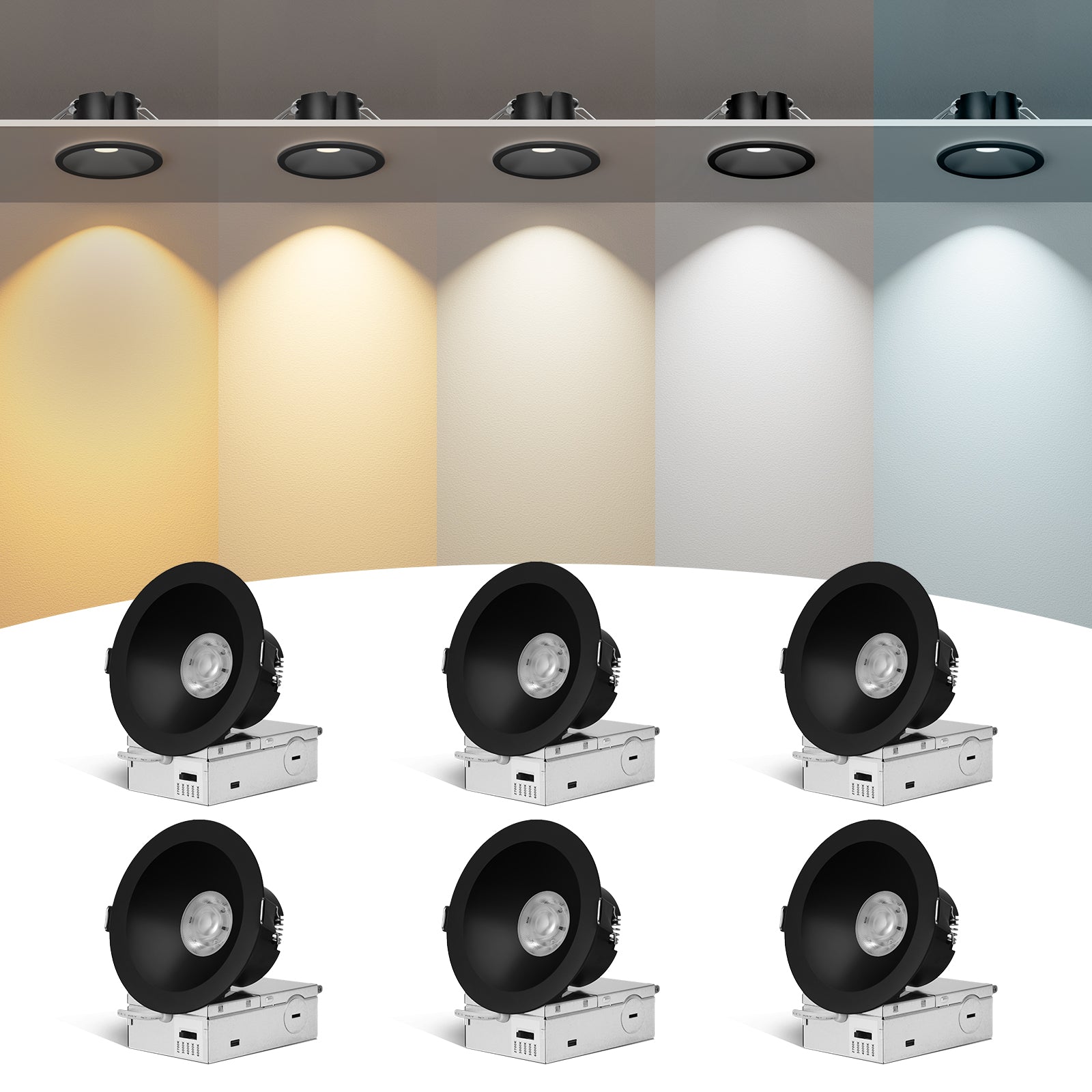 ComiLED 6/12pack Black 4 Inch Recessed Lights, Anti-Glare COB Canless Ceiling Spotlight, 5CCT Selectable 2700K-6000K, 130lm/W, RA95 Small Exterior Soffit Lights, 16W, Dimmable, ETL, IP44 Damp Rated