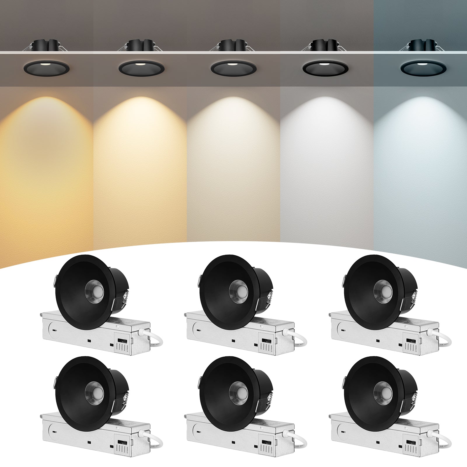 ComiLED 6/12pack Black 3 Inch Recessed Lights, Anti-Glare COB Canless Ceiling Spotlight, 5CCT Selectable 2700K-6000K, 130lm/W, RA95 Small Exterior Soffit Lights, 12W, Dimmable, ETL, IP44 Damp Rated