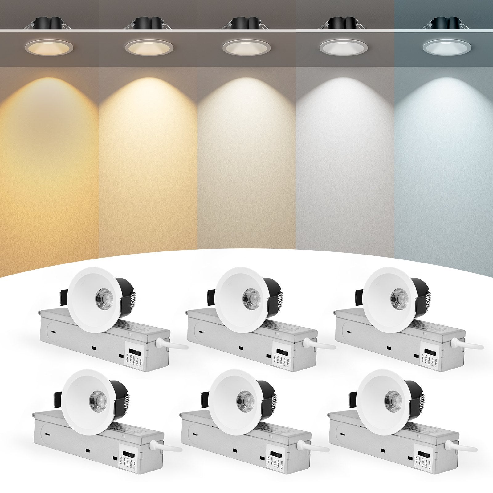 ComiLED 6/12pack 2 Inch Recessed LED Lights, Anti-Glare COB Canless Ceiling Spotlight, 5CCT Selectable 2700K-6000K, 130LM/W, RA95 Small Exterior Soffit Lights, 8W, Dimmable, ETL, IP44 Damp Rated