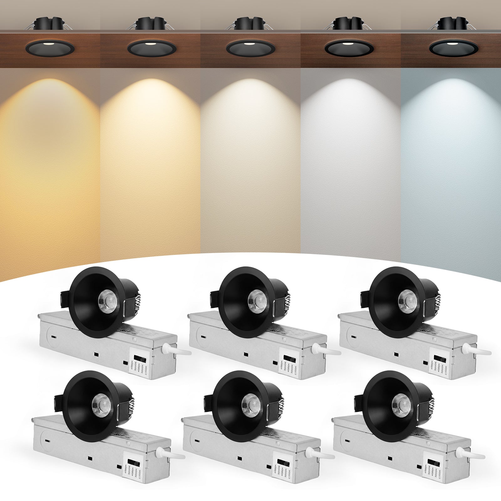 ComiLED 6/12pack Black 2 Inch Recessed Lights, Anti-Glare COB Canless Ceiling Spotlight, 5CCT Selectable 2700K-6000K, 130lm/W, RA95 Small Exterior Soffit Lights, 8W, Dimmable, ETL, IP44 Damp Rated