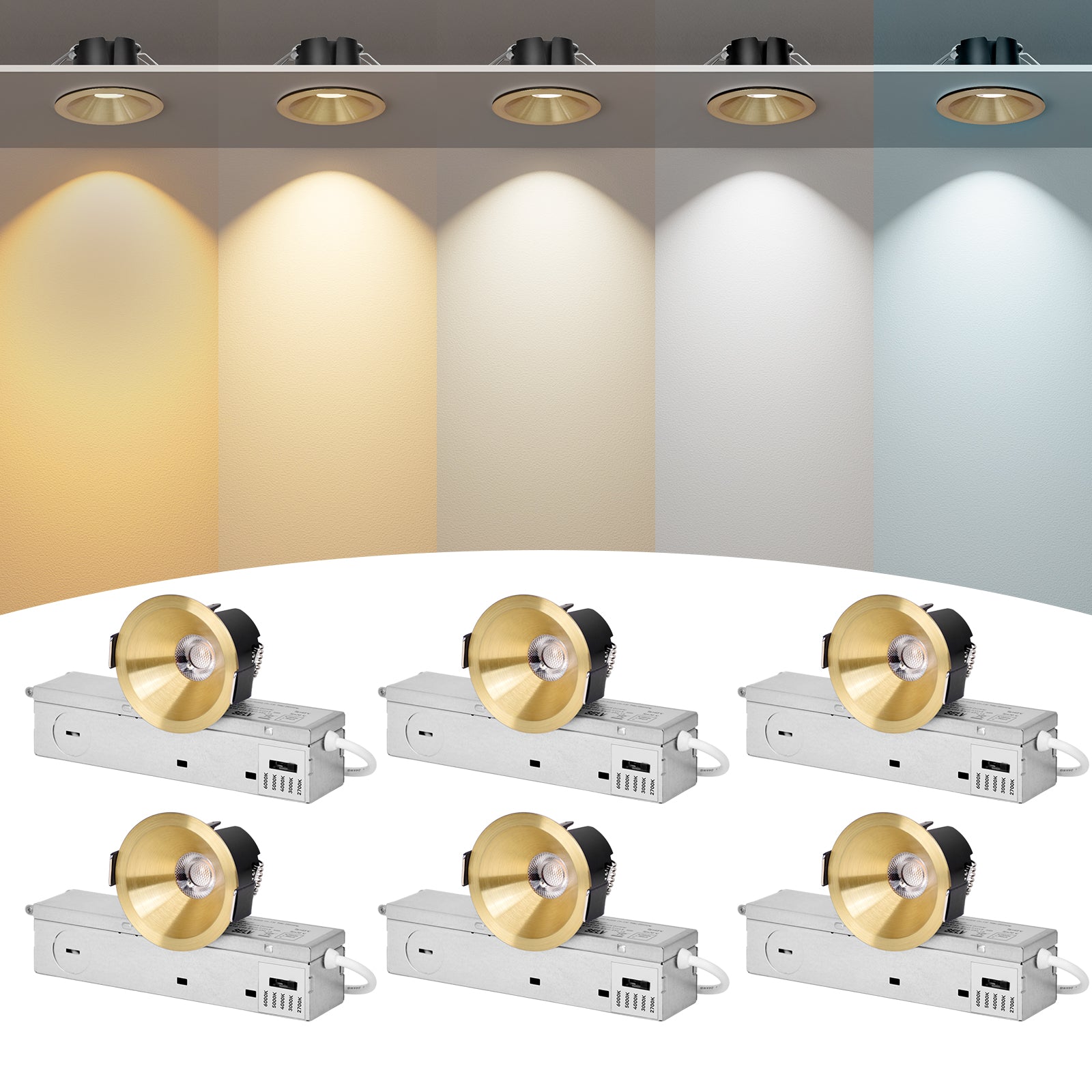 ComiLED 6/12pack Gold 2 Inch Recessed Lights, Anti-Glare COB Canless Ceiling Spotlight, 5CCT Selectable 2700K-6000K, 130lm/W, RA95 Small Exterior Soffit Lights, 8W, Dimmable, ETL, IP44 Damp Rated