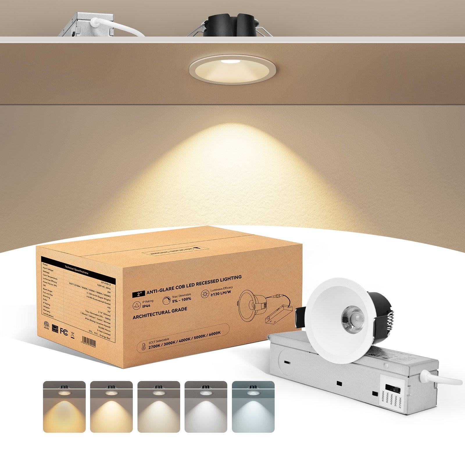 ComiLED 6/12pack 2 Inch Recessed LED Lights, Anti-Glare COB Canless Ceiling Spotlight, 5CCT Selectable 2700K-6000K, 130LM/W, RA95 Small Exterior Soffit Lights, 8W, Dimmable, ETL, IP44 Damp Rated