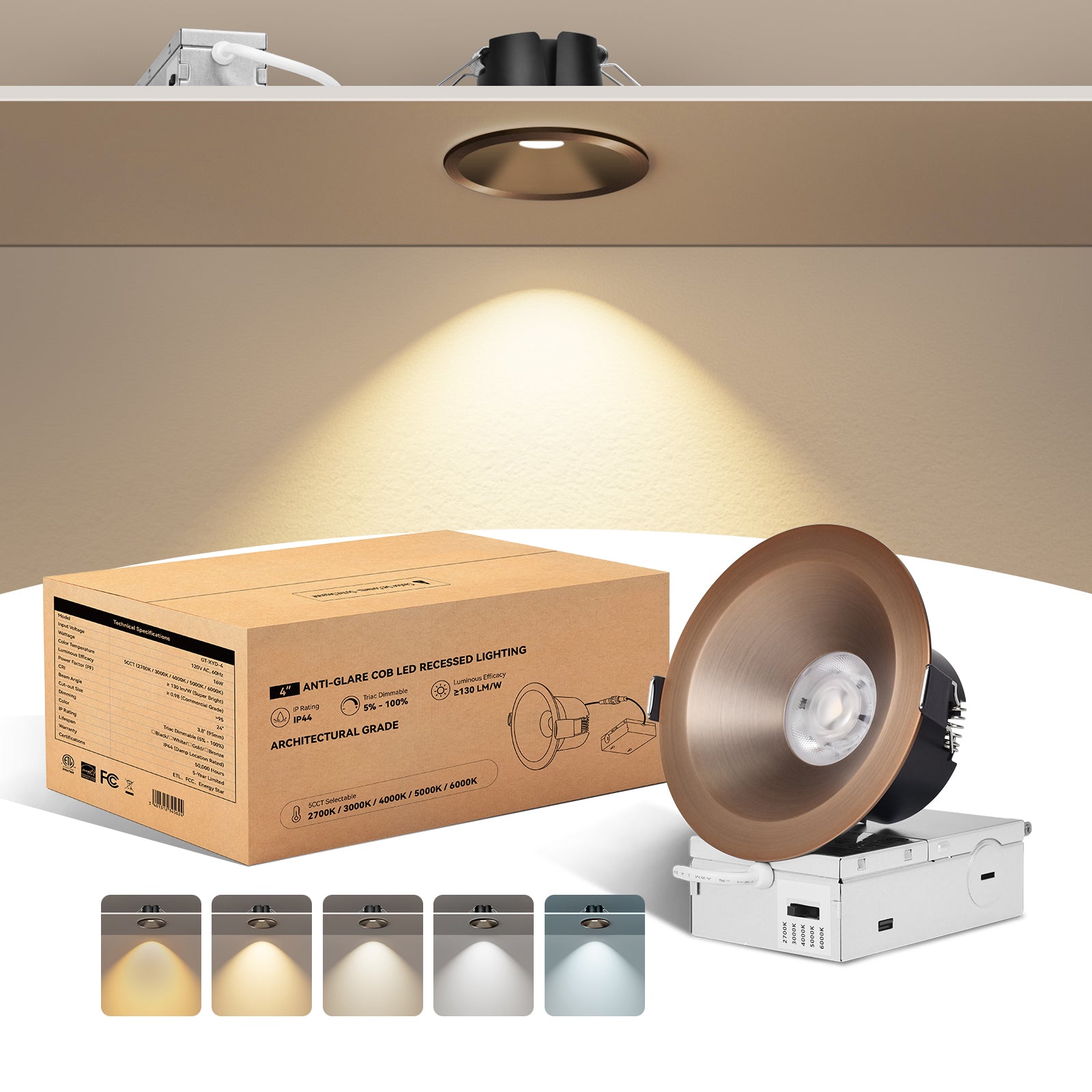 ComiLED 6/12pack Bronze 4 Inch Recessed Lights, Anti-Glare COB Canless Ceiling Spotlight, 5CCT Selectable 2700K-6000K, 130lm/W, RA95 Small Exterior Soffit Lights, 16W, Dimmable, ETL, IP44 Damp Rated