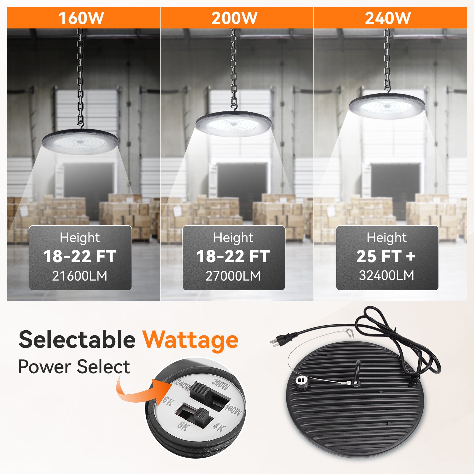 ComiLED 3CCT UFO High Bay 240W/200W/160W 2-Pack