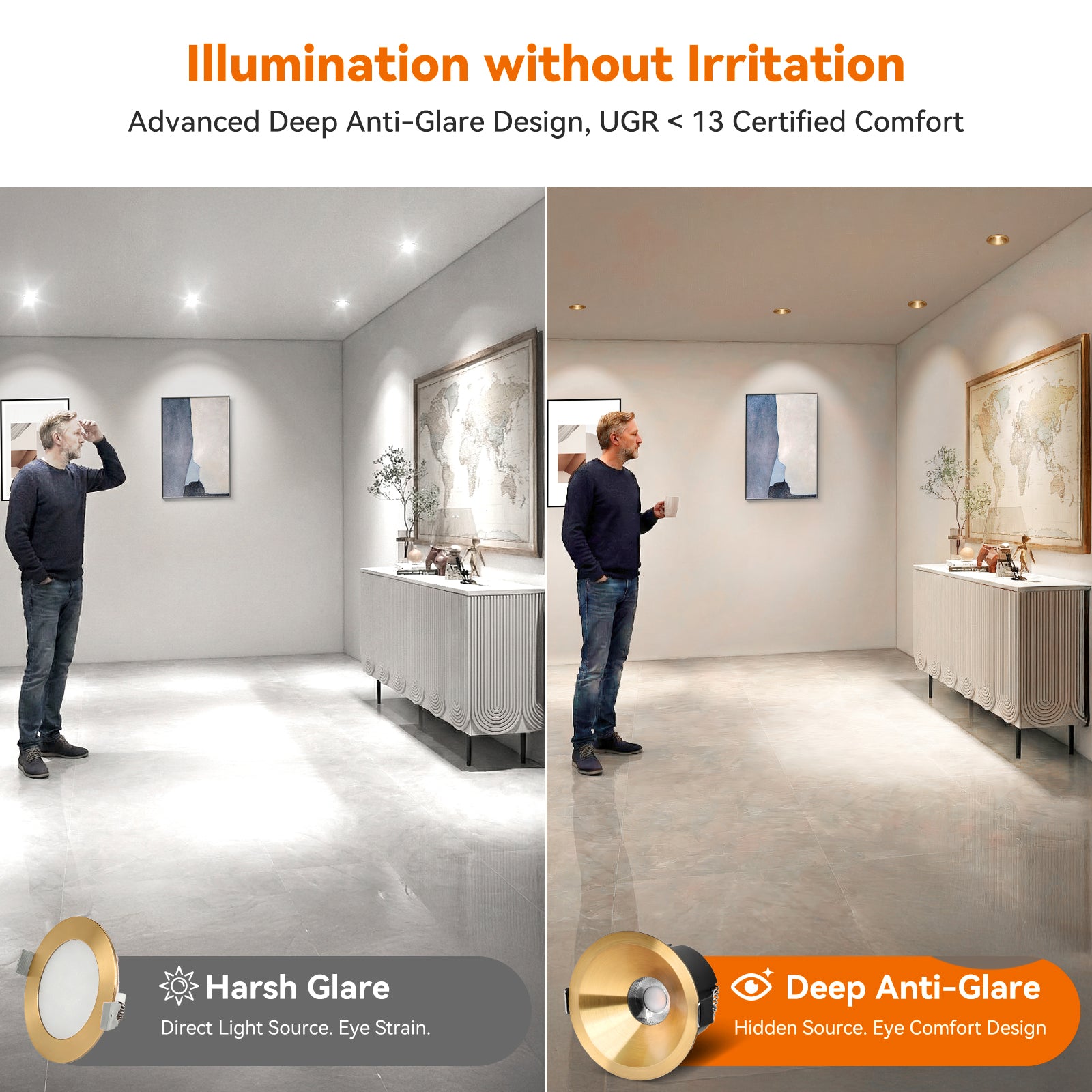 ComiLED 6/12pack Gold 3 Inch Recessed Lights, Anti-Glare COB Canless Ceiling Spotlight, 5CCT Selectable 2700K-6000K, 130lm/W, RA95 Small Exterior Soffit Lights, 12W, Dimmable, ETL, IP44 Damp Rated