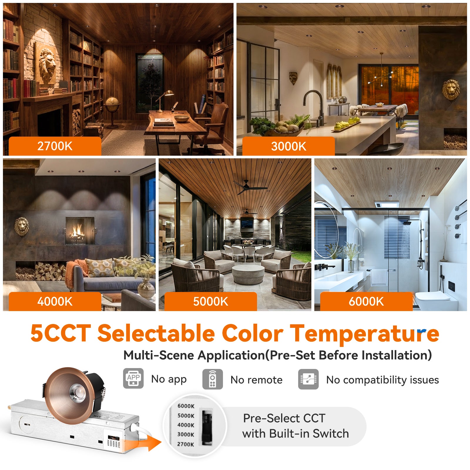 ComiLED 6/12pack Bronze 2 Inch Recessed Lights, Anti-Glare COB Canless Ceiling Spotlight, 5CCT Selectable 2700K-6000K, 130lm/W, RA95 Small Exterior Soffit Lights, 8W, Dimmable, ETL, IP44 Damp Rated