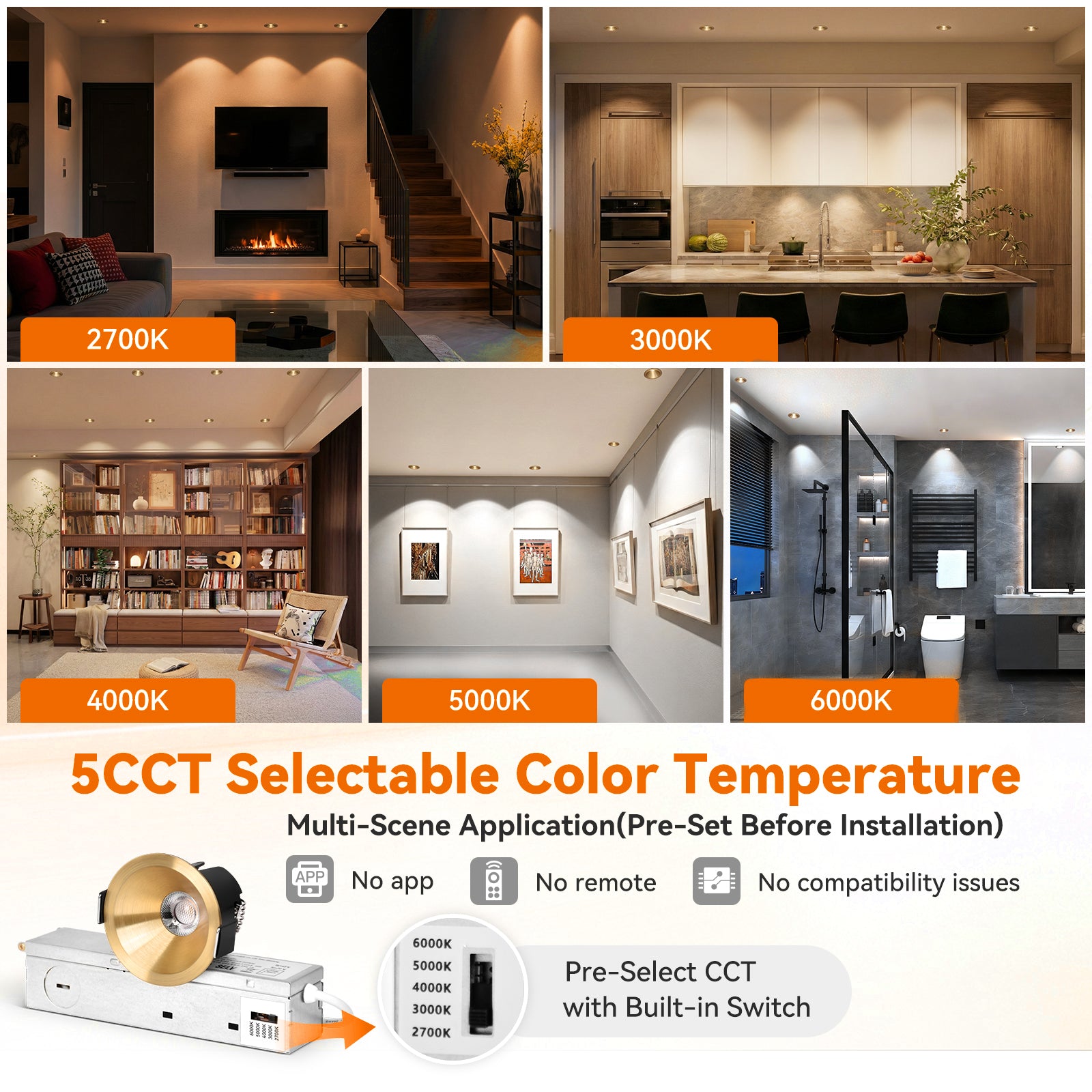 ComiLED 6/12pack Gold 2 Inch Recessed Lights, Anti-Glare COB Canless Ceiling Spotlight, 5CCT Selectable 2700K-6000K, 130lm/W, RA95 Small Exterior Soffit Lights, 8W, Dimmable, ETL, IP44 Damp Rated