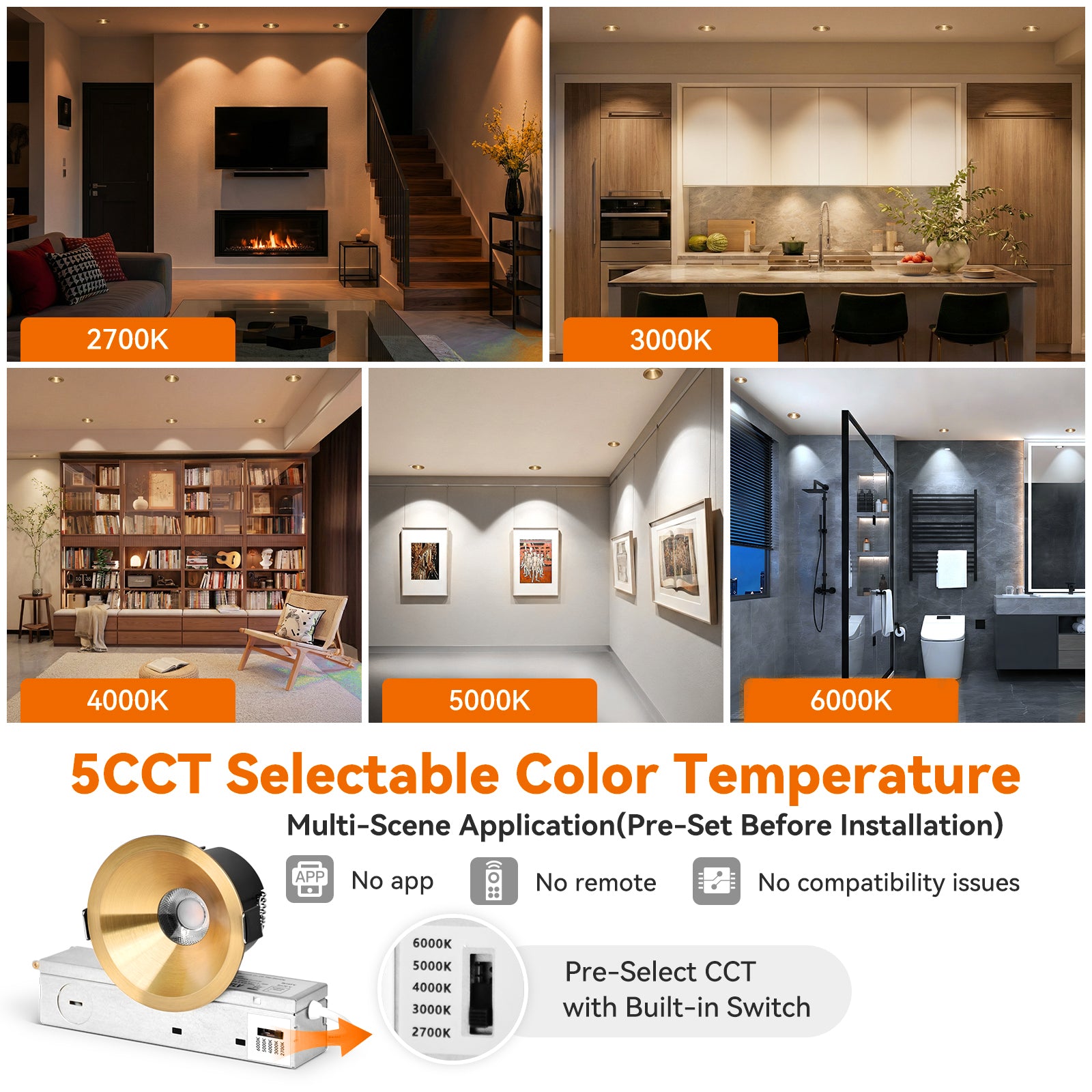 ComiLED 6/12pack Gold 3 Inch Recessed Lights, Anti-Glare COB Canless Ceiling Spotlight, 5CCT Selectable 2700K-6000K, 130lm/W, RA95 Small Exterior Soffit Lights, 12W, Dimmable, ETL, IP44 Damp Rated