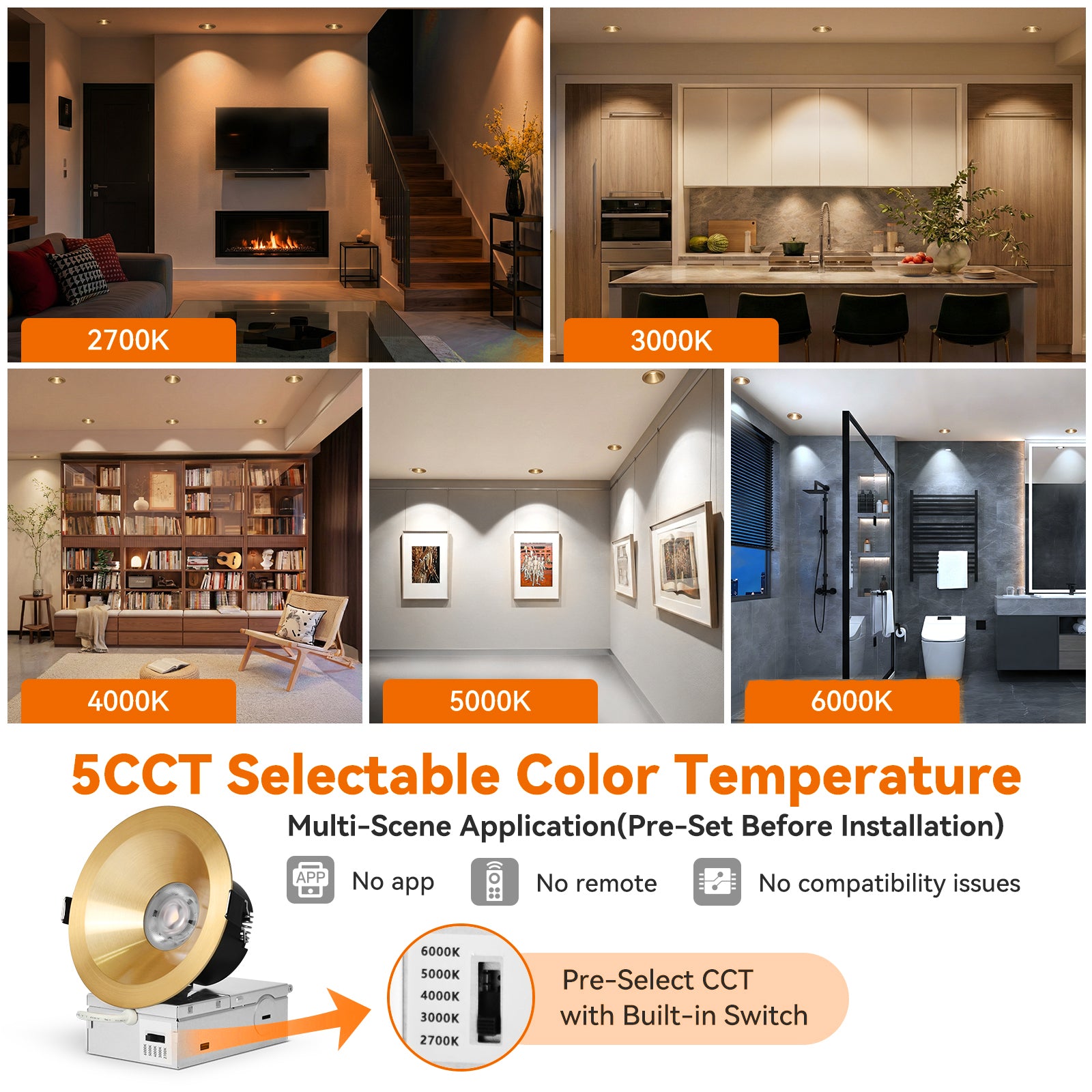 ComiLED 6/12pack Gold 4 Inch Recessed Lights, Anti-Glare COB Canless Ceiling Spotlight, 5CCT Selectable 2700K-6000K, 130lm/W, RA95 Small Exterior Soffit Lights, 16W, Dimmable, ETL, IP44 Damp Rated