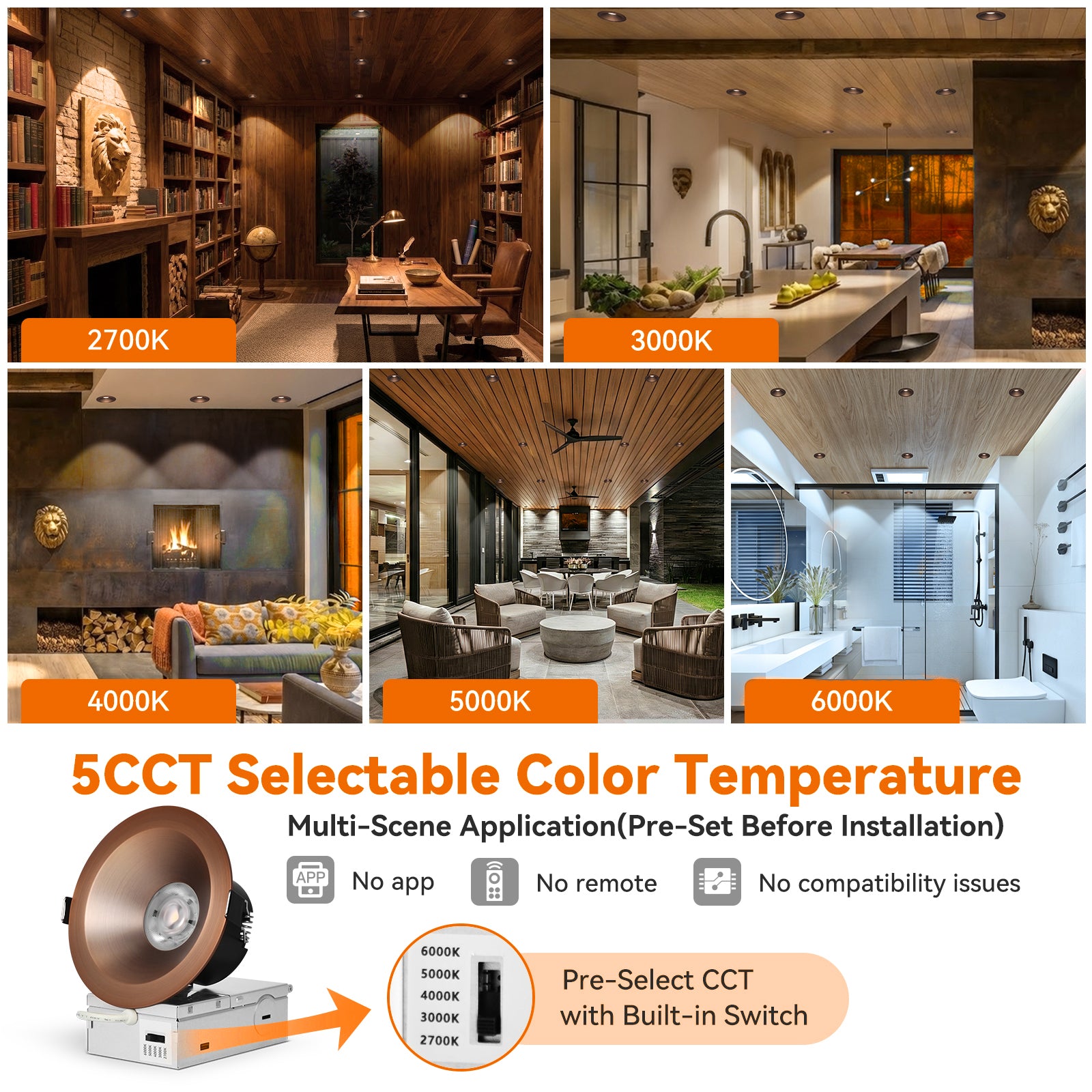 ComiLED 6/12pack Bronze 4 Inch Recessed Lights, Anti-Glare COB Canless Ceiling Spotlight, 5CCT Selectable 2700K-6000K, 130lm/W, RA95 Small Exterior Soffit Lights, 16W, Dimmable, ETL, IP44 Damp Rated