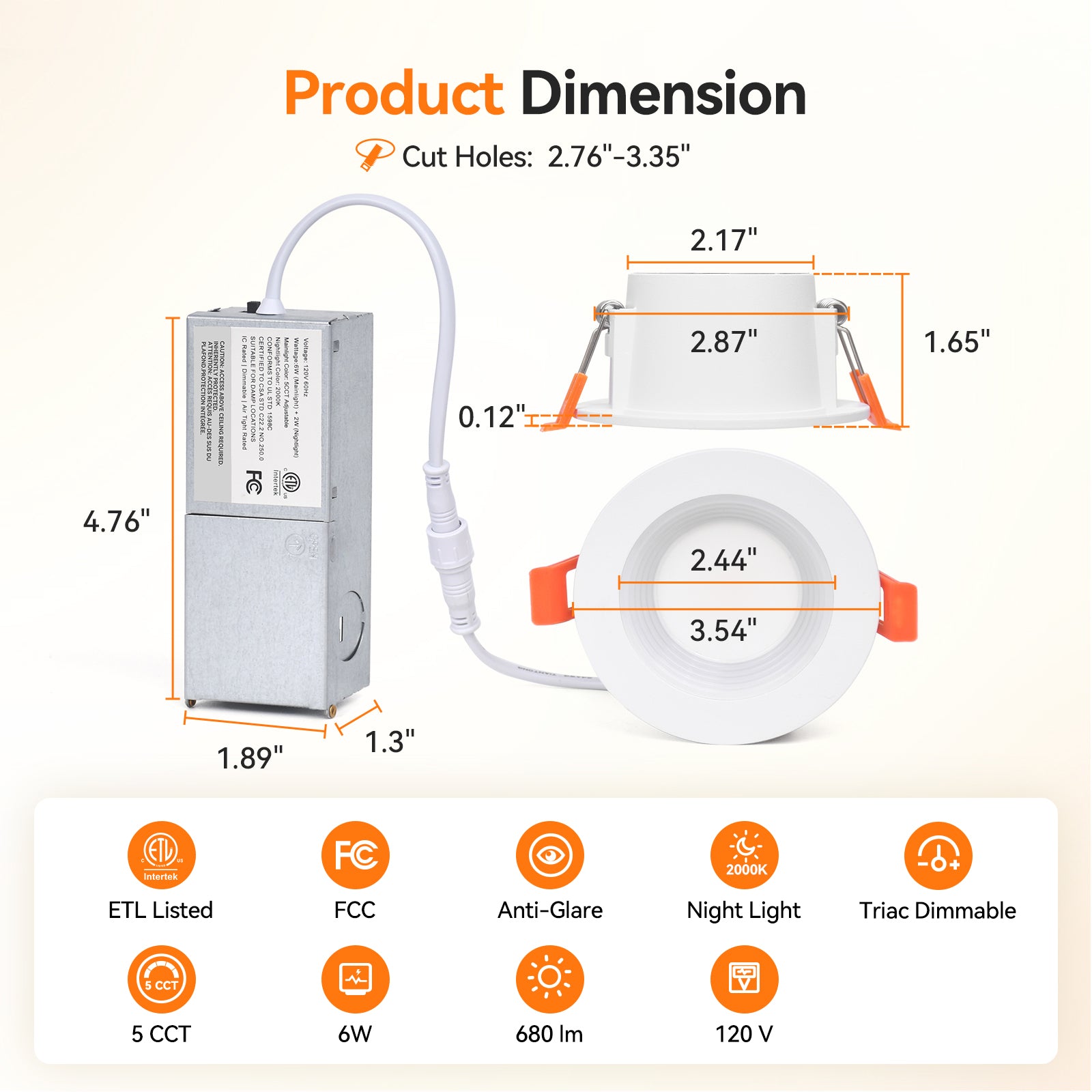 ComiLED 3 Inch White Anti-Glare Recessed LED Downlight with Night Light-2 Pack