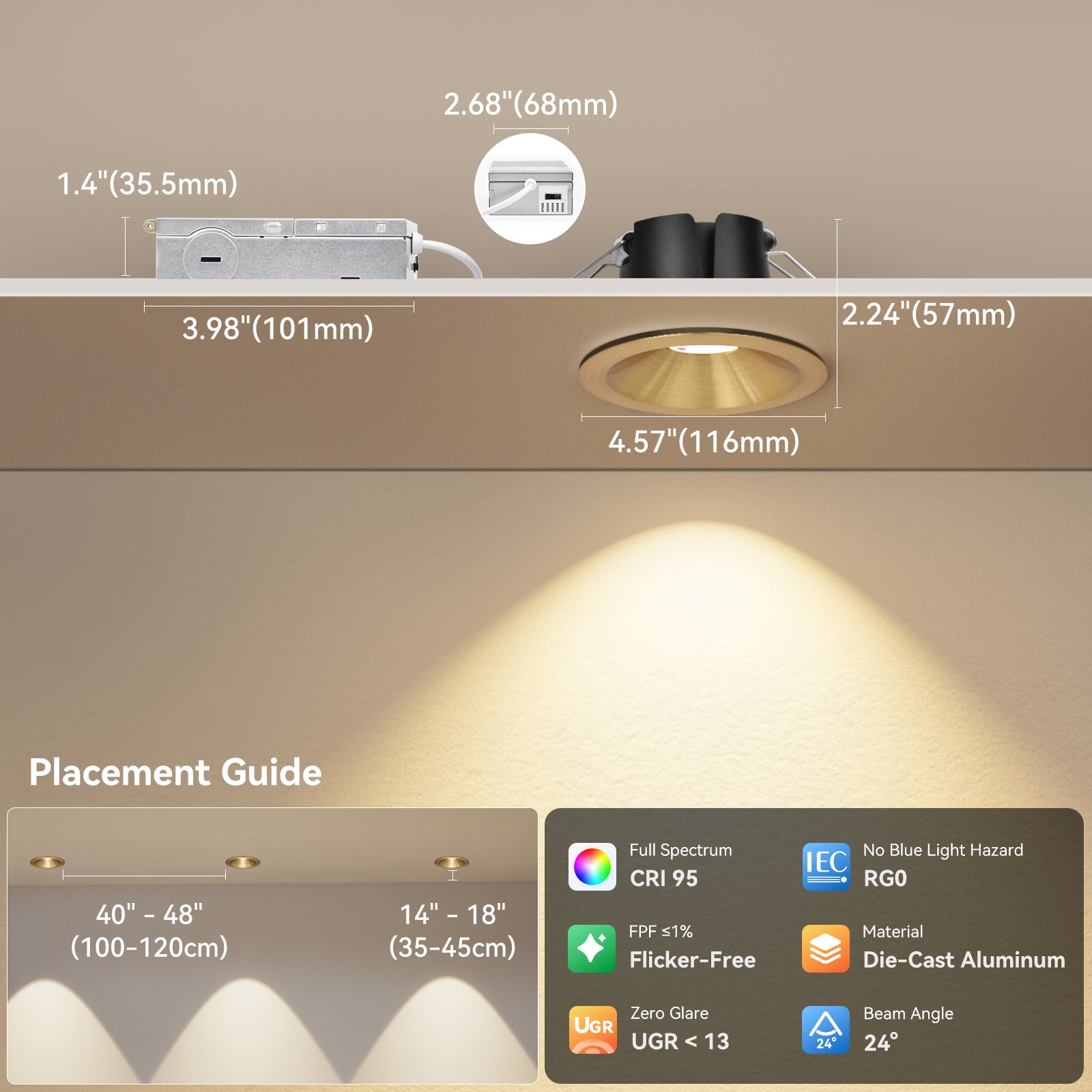 ComiLED 6/12pack Gold 4 Inch Recessed Lights, Anti-Glare COB Canless Ceiling Spotlight, 5CCT Selectable 2700K-6000K, 130lm/W, RA95 Small Exterior Soffit Lights, 16W, Dimmable, ETL, IP44 Damp Rated