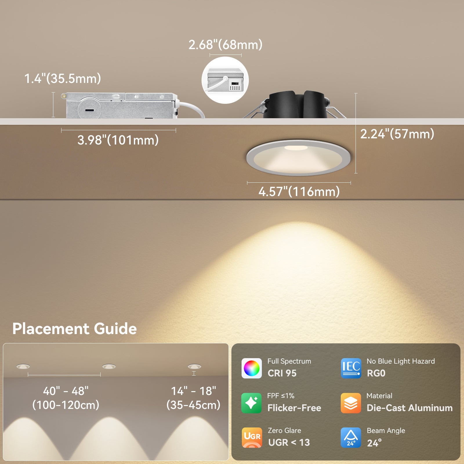 ComiLED 6/12pack White 4 Inch Recessed Lights, Anti-Glare COB Canless Ceiling Spotlight, 5CCT Selectable 2700K-6000K, 130lm/W, RA95 Small Exterior Soffit Lights, 16W, Dimmable, ETL, IP44 Damp Rated