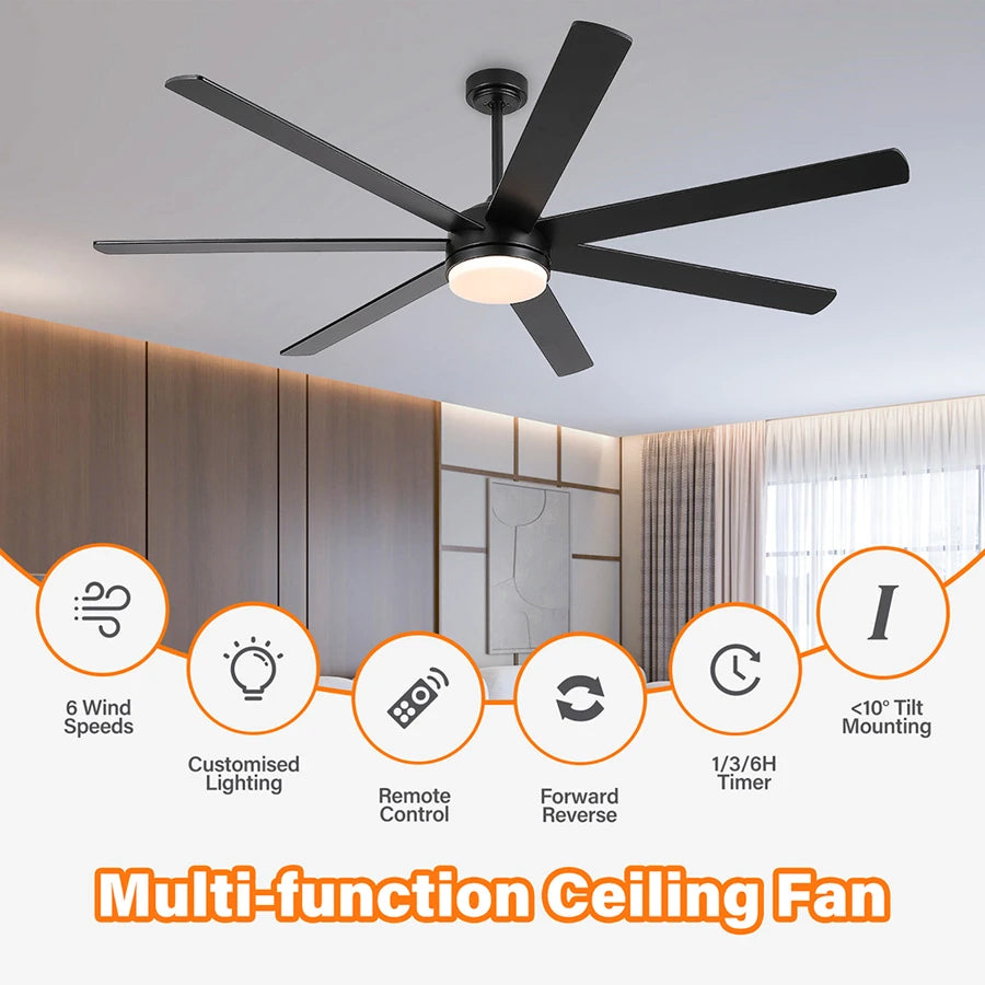 ComiLED 72 Inch Black Ceiling Fan with Light & Remote, Bi-color