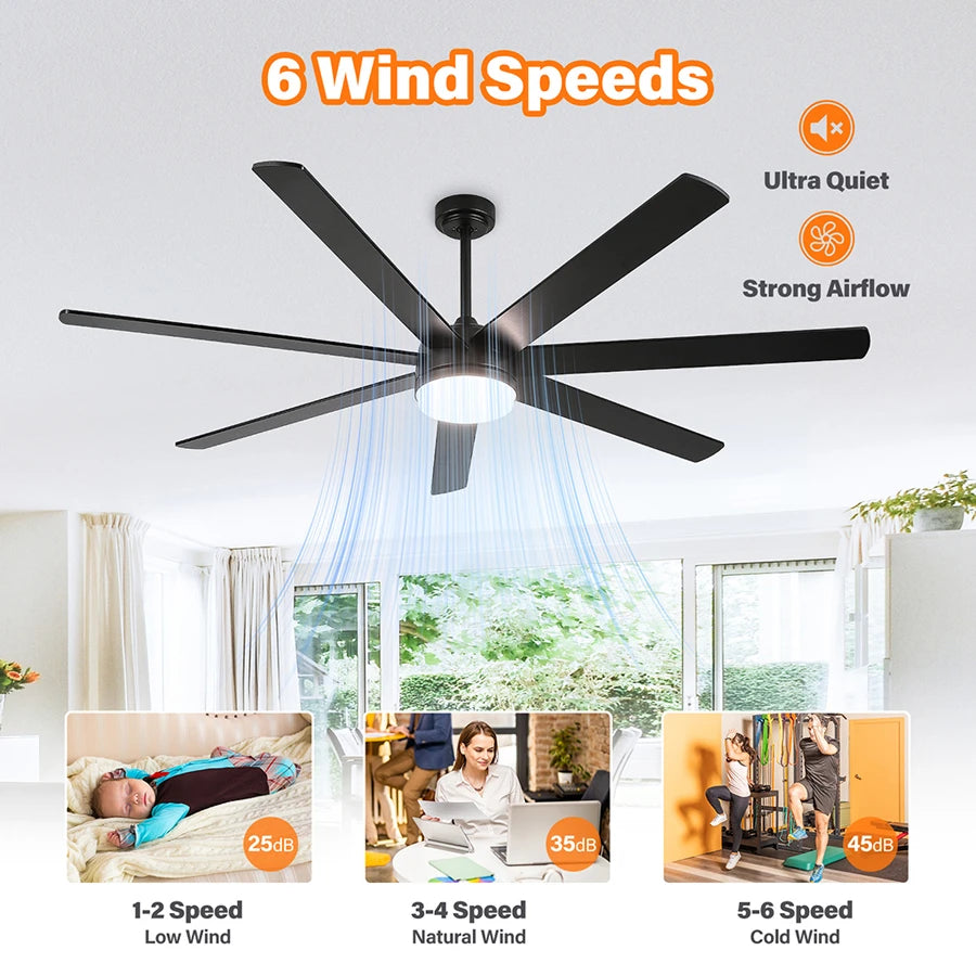 ComiLED 72 Inch Black Ceiling Fan with Light & Remote, Bi-color