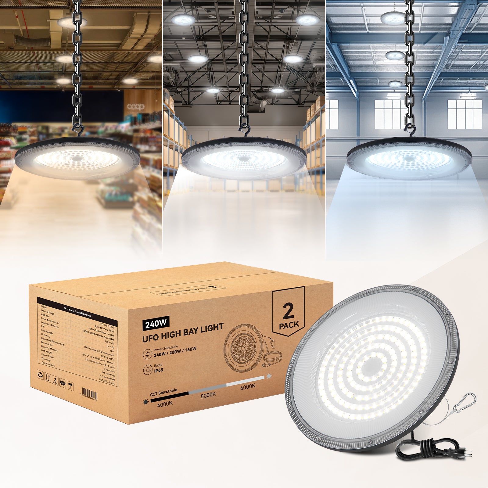 ComiLED 3CCT UFO High Bay 240W/200W/160W 2-Pack