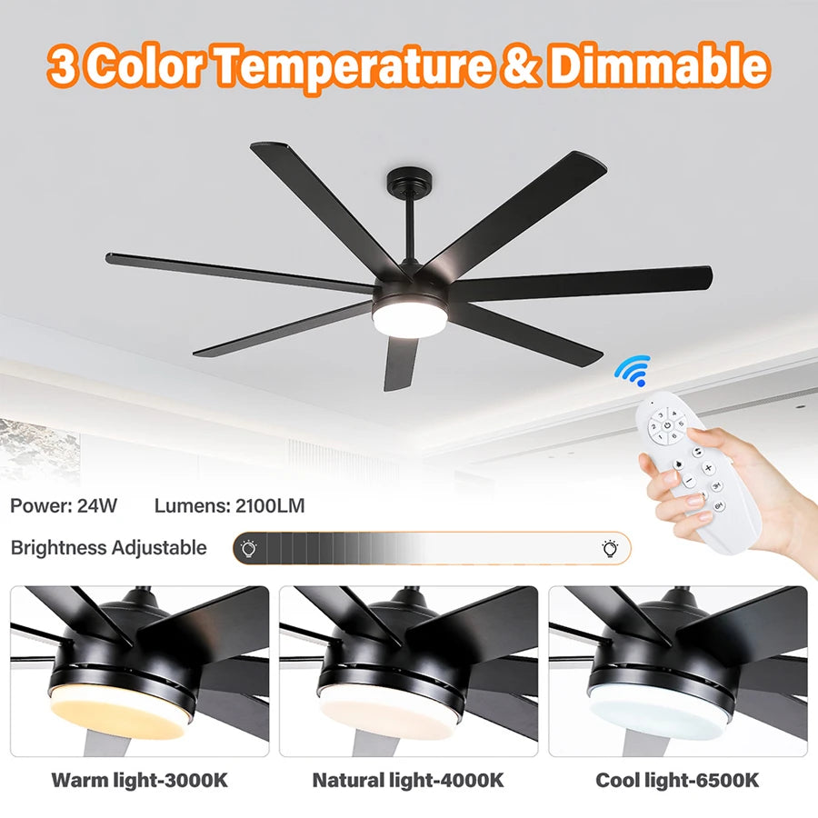 ComiLED 72 Inch Black Ceiling Fan with Light & Remote, Bi-color