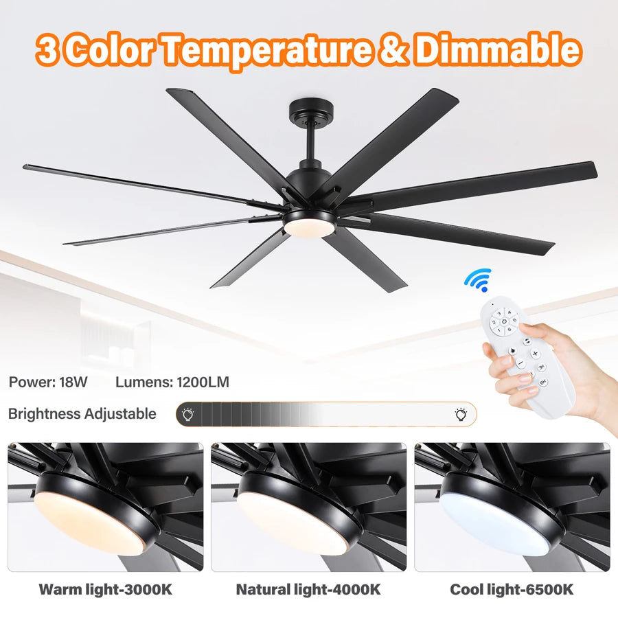 ComiLED 72 Inch Black Ceiling Fan with Light and Remote