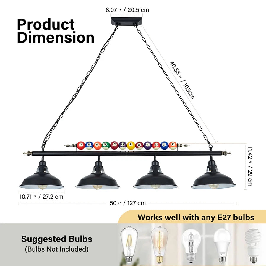 Luminaire de table de billard ComiLED, 4 lumières, 50 pouces (ampoule non incluse)