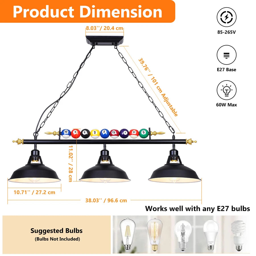 Luminaire de table de billard ComiLED, 3 lumières, 38 pouces (ampoule non incluse)