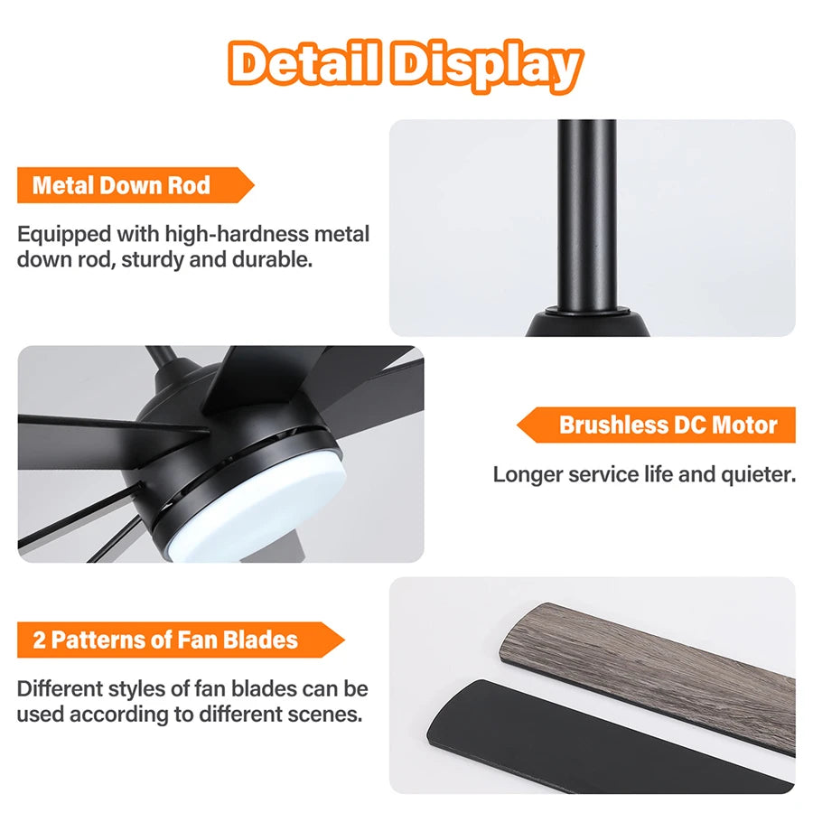 ComiLED 72 Inch Black Ceiling Fan with Light & Remote, Bi-color