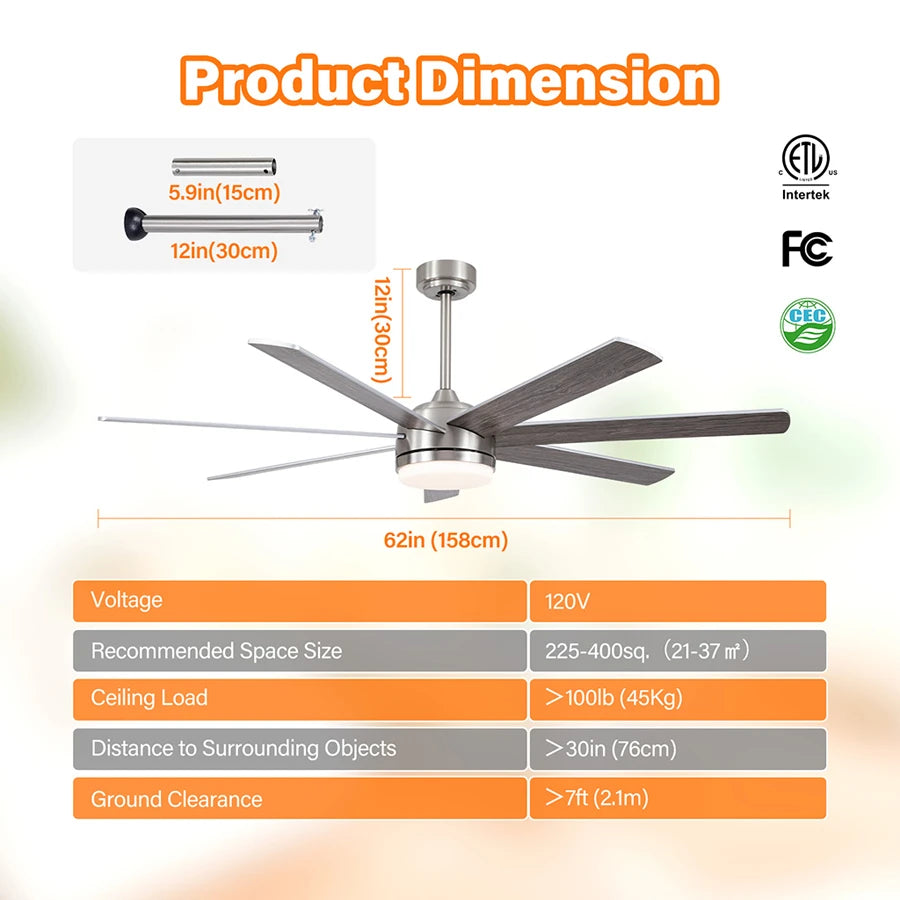 ComiLED 62 Inch Brushed Nickel Ceiling Fan with Light