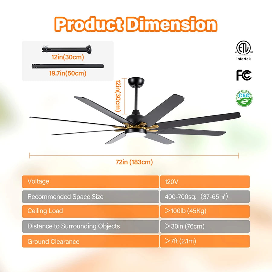 ComiLED 72 Inch Ceiling Fan with Light and Remote