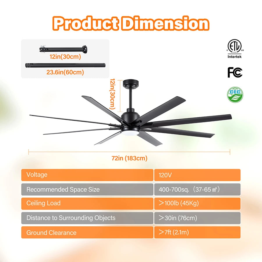 ComiLED 72 Inch Black Ceiling Fan with Light and Remote