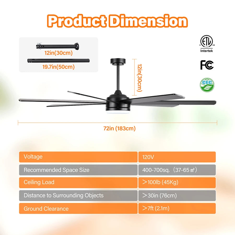 ComiLED 72 Inch Black Ceiling Fan with Light & Remote, Bi-color