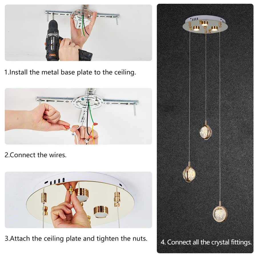 Lustre rond en cristal ComiLED à 3 lumières avec plaque de plafond ronde