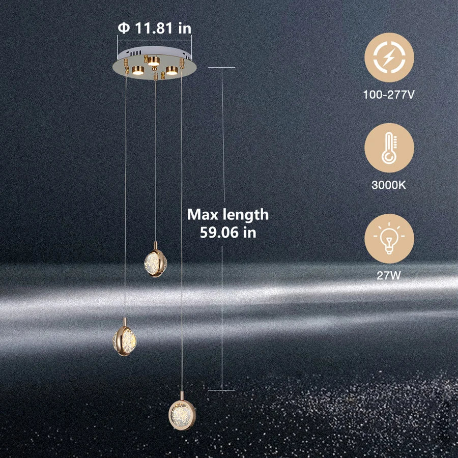 Lustre rond en cristal ComiLED à 3 lumières avec plaque de plafond ronde