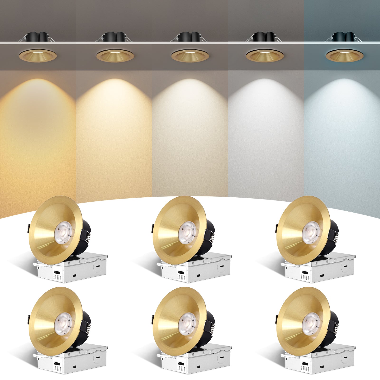 ComiLED 6/12pack Gold 4 Inch Recessed Lights, Anti-Glare COB Canless Ceiling Spotlight, 5CCT Selectable 2700K-6000K, 130lm/W, RA95 Small Exterior Soffit Lights, 16W, Dimmable, ETL, IP44 Damp Rated