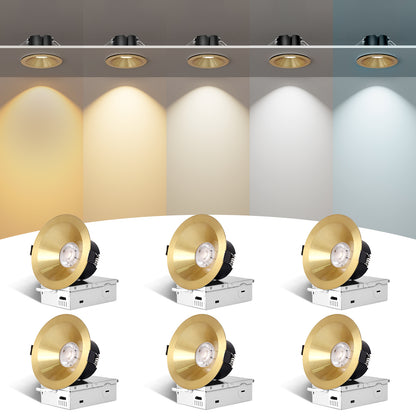 ComiLED 6/12pack Gold 4 Inch Recessed Lights, Anti-Glare COB Canless Ceiling Spotlight, 5CCT Selectable 2700K-6000K, 130lm/W, RA95 Small Exterior Soffit Lights, 16W, Dimmable, ETL, IP44 Damp Rated