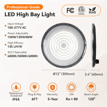 ComiLED 3CCT UFO High Bay 150W/120W/80W 2-Pack