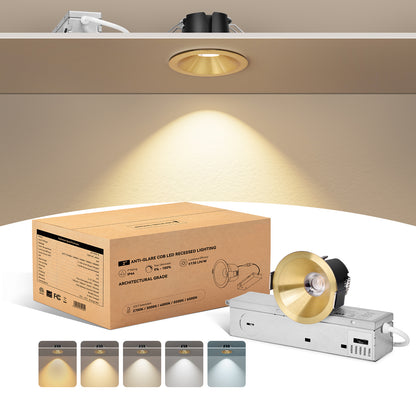 ComiLED 6/12pack Gold 2 Inch Recessed Lights, Anti-Glare COB Canless Ceiling Spotlight, 5CCT Selectable 2700K-6000K, 130lm/W, RA95 Small Exterior Soffit Lights, 8W, Dimmable, ETL, IP44 Damp Rated