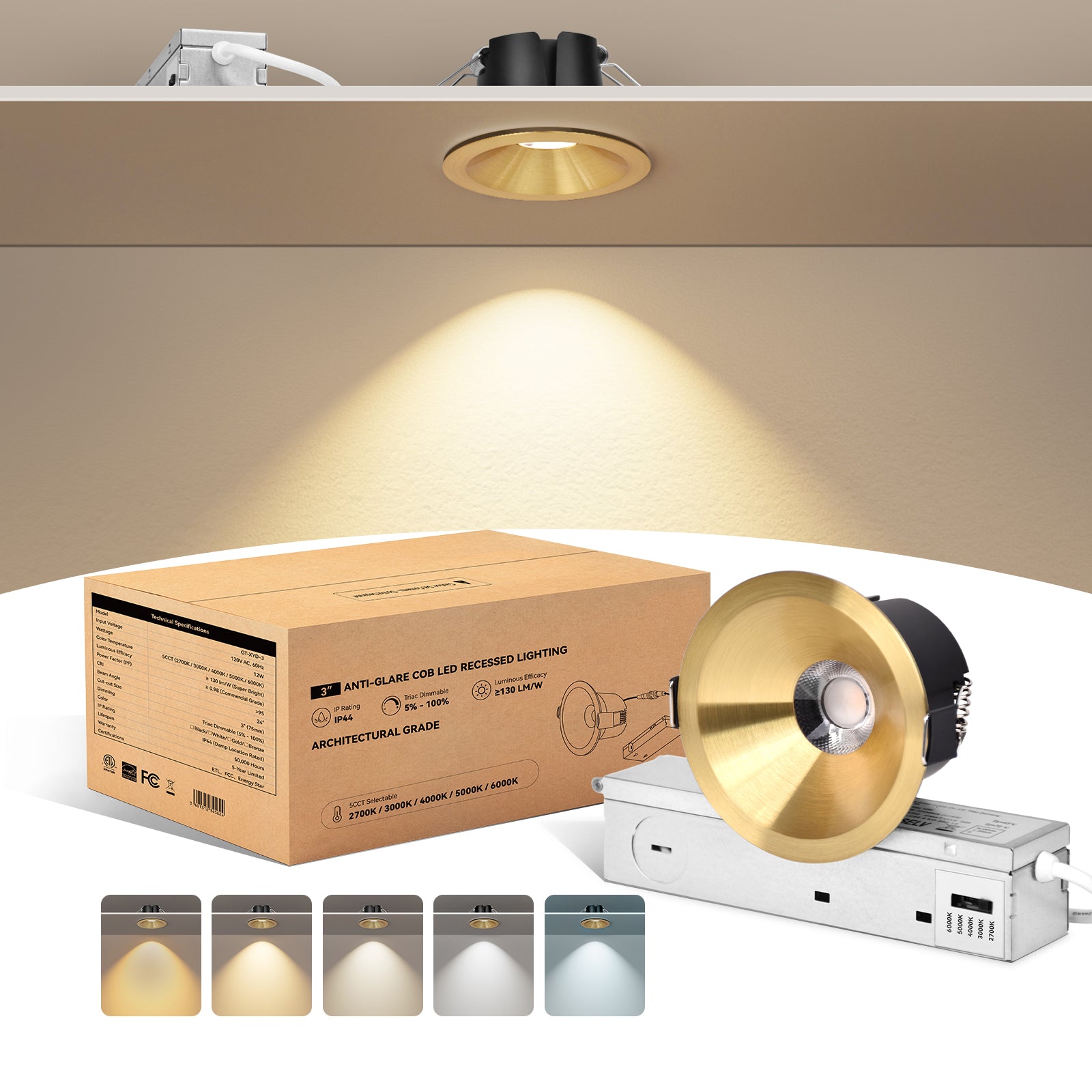 ComiLED 6/12pack Gold 3 Inch Recessed Lights, Anti-Glare COB Canless Ceiling Spotlight, 5CCT Selectable 2700K-6000K, 130lm/W, RA95 Small Exterior Soffit Lights, 12W, Dimmable, ETL, IP44 Damp Rated