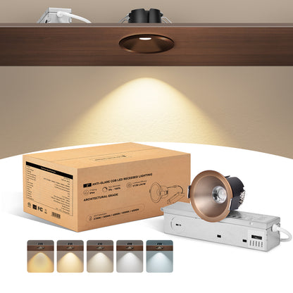 ComiLED 6/12pack Bronze 2 Inch Recessed Lights, Anti-Glare COB Canless Ceiling Spotlight, 5CCT Selectable 2700K-6000K, 130lm/W, RA95 Small Exterior Soffit Lights, 8W, Dimmable, ETL, IP44 Damp Rated