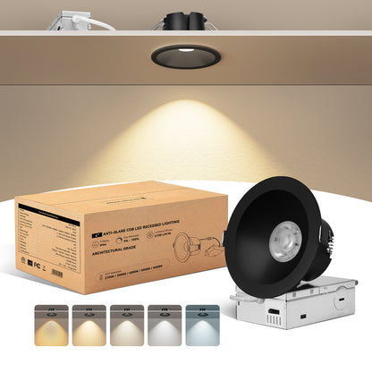 ComiLED 6/12pack Black 4 Inch Recessed Lights, Anti-Glare COB Canless Ceiling Spotlight, 5CCT Selectable 2700K-6000K, 130lm/W, RA95 Small Exterior Soffit Lights, 16W, Dimmable, ETL, IP44 Damp Rated