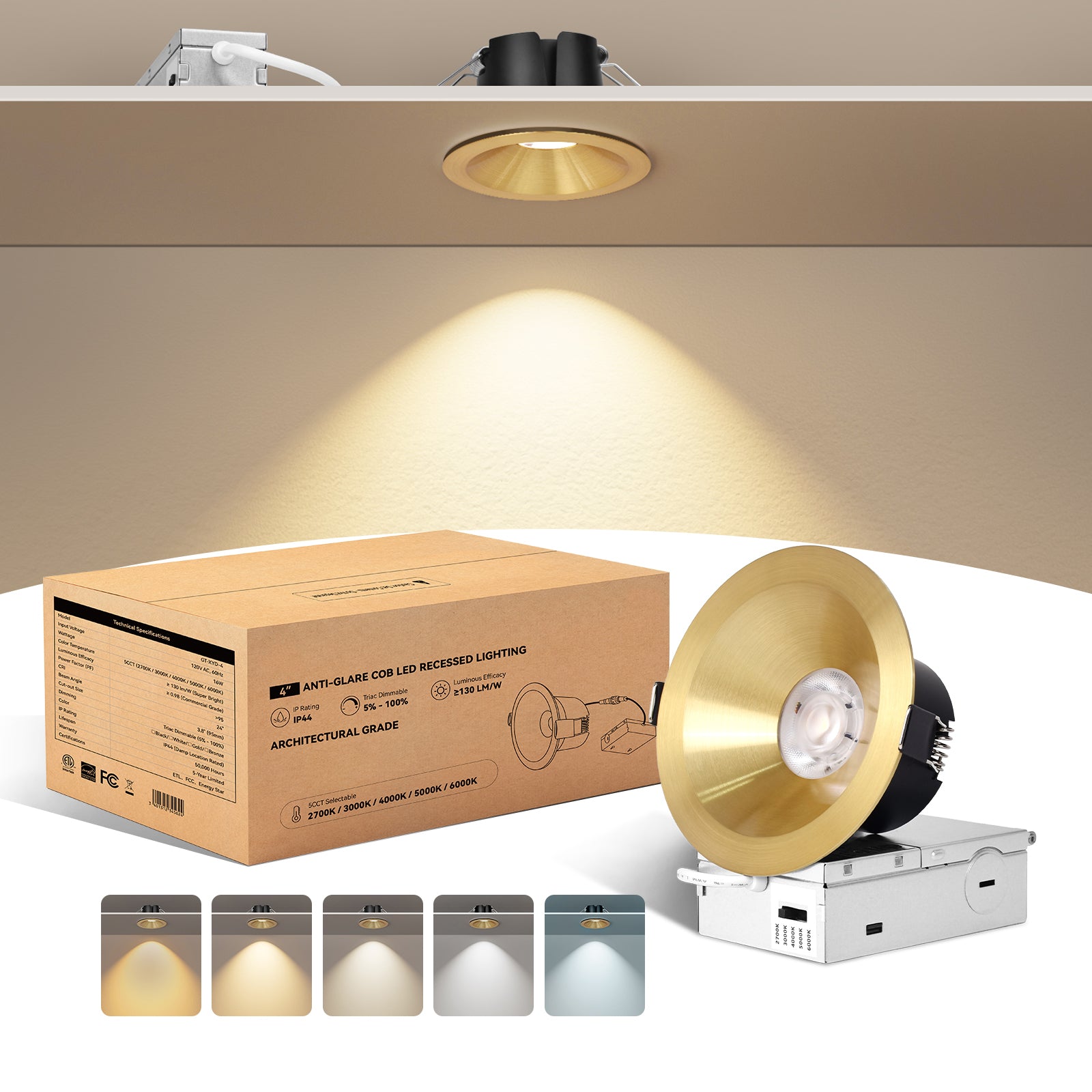 ComiLED 6/12pack Gold 4 Inch Recessed Lights, Anti-Glare COB Canless Ceiling Spotlight, 5CCT Selectable 2700K-6000K, 130lm/W, RA95 Small Exterior Soffit Lights, 16W, Dimmable, ETL, IP44 Damp Rated