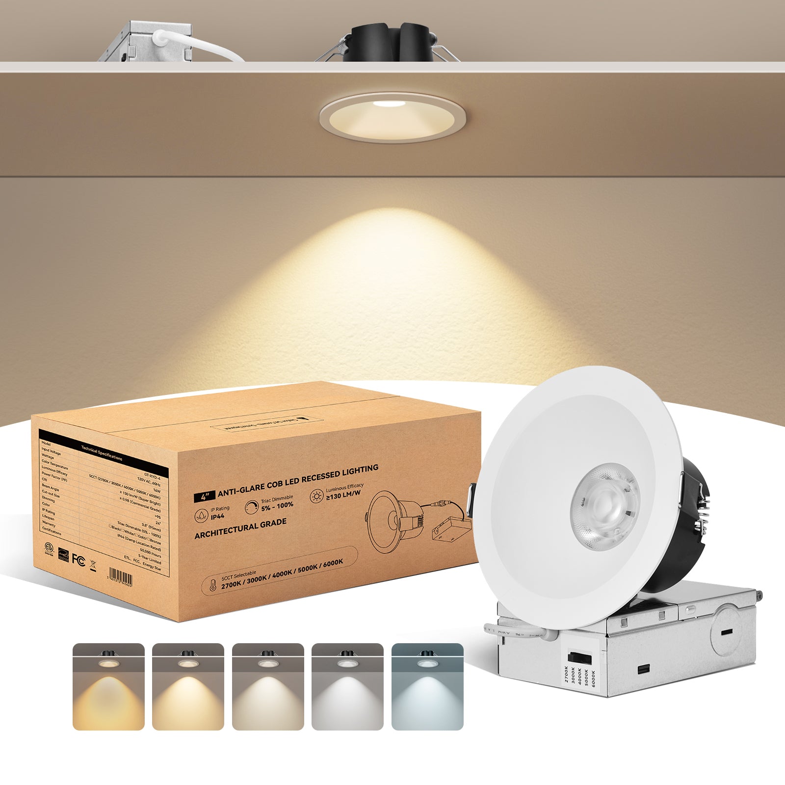 ComiLED 6/12pack White 4 Inch Recessed Lights, Anti-Glare COB Canless Ceiling Spotlight, 5CCT Selectable 2700K-6000K, 130lm/W, RA95 Small Exterior Soffit Lights, 16W, Dimmable, ETL, IP44 Damp Rated