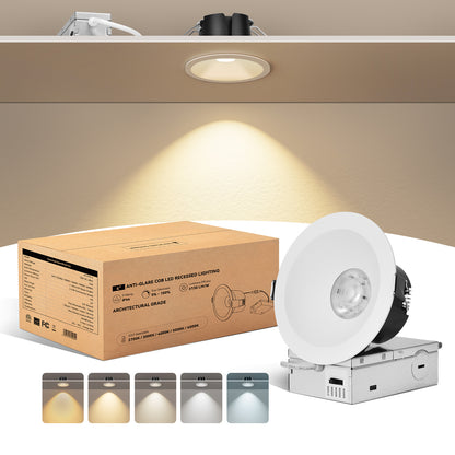 ComiLED 6/12pack White 4 Inch Recessed Lights, Anti-Glare COB Canless Ceiling Spotlight, 5CCT Selectable 2700K-6000K, 130lm/W, RA95 Small Exterior Soffit Lights, 16W, Dimmable, ETL, IP44 Damp Rated