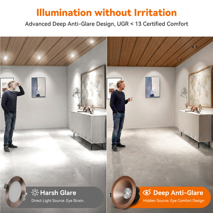 ComiLED 6/12pack Bronze 4 Inch Recessed Lights, Anti-Glare COB Canless Ceiling Spotlight, 5CCT Selectable 2700K-6000K, 130lm/W, RA95 Small Exterior Soffit Lights, 16W, Dimmable, ETL, IP44 Damp Rated