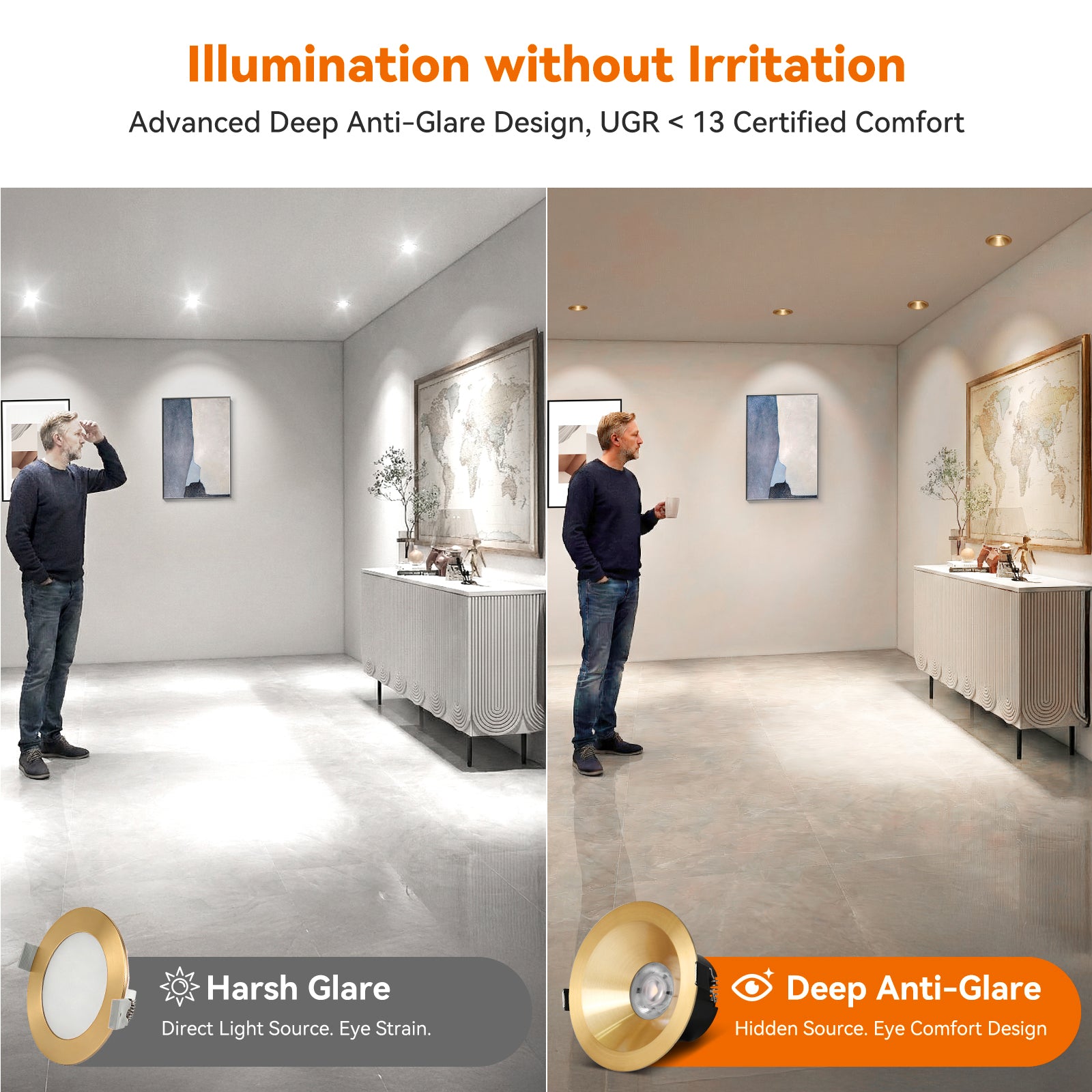 ComiLED 6/12pack Gold 4 Inch Recessed Lights, Anti-Glare COB Canless Ceiling Spotlight, 5CCT Selectable 2700K-6000K, 130lm/W, RA95 Small Exterior Soffit Lights, 16W, Dimmable, ETL, IP44 Damp Rated