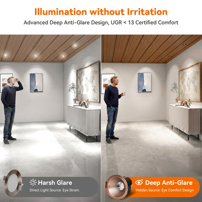 ComiLED 6/12pack Bronze 2 Inch Recessed Lights, Anti-Glare COB Canless Ceiling Spotlight, 5CCT Selectable 2700K-6000K, 130lm/W, RA95 Small Exterior Soffit Lights, 8W, Dimmable, ETL, IP44 Damp Rated