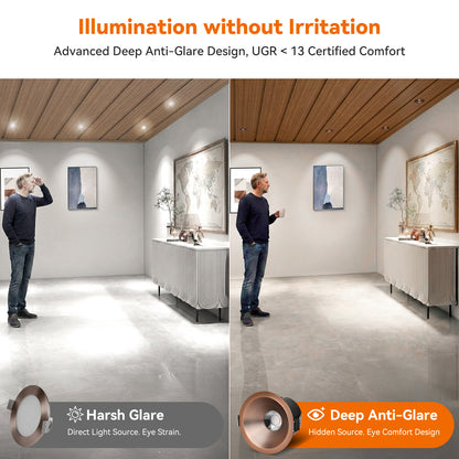 ComiLED 6/12pack Bronze 3 Inch Recessed Lights, Anti-Glare COB Canless Ceiling Spotlight, 5CCT Selectable 2700K-6000K, 130lm/W, RA95 Small Exterior Soffit Lights, 12W, Dimmable, ETL, IP44 Damp Rated