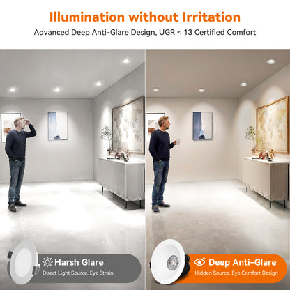 ComiLED 6/12pack White 4 Inch Recessed Lights, Anti-Glare COB Canless Ceiling Spotlight, 5CCT Selectable 2700K-6000K, 130lm/W, RA95 Small Exterior Soffit Lights, 16W, Dimmable, ETL, IP44 Damp Rated